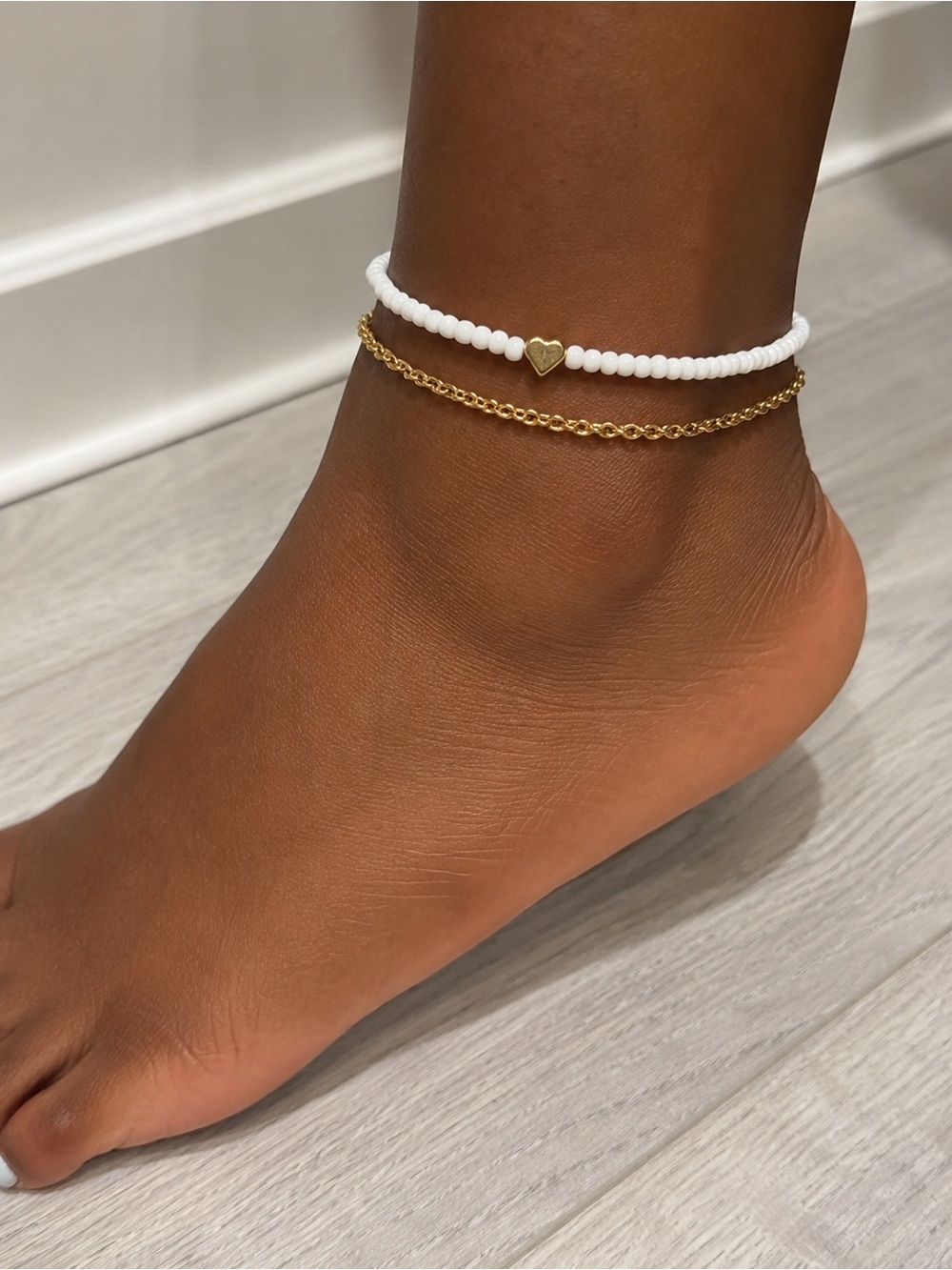 Gold Chain & White Bead Heart Anklet Set